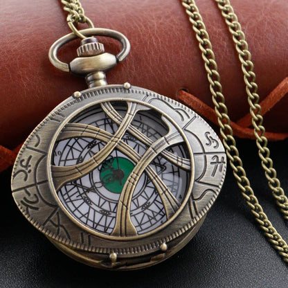 Vintage Bronze Eye-Round Case Quartz Pocket Watch with Pendant Necklace Chain, Gift for Men and Women, Parallel Import