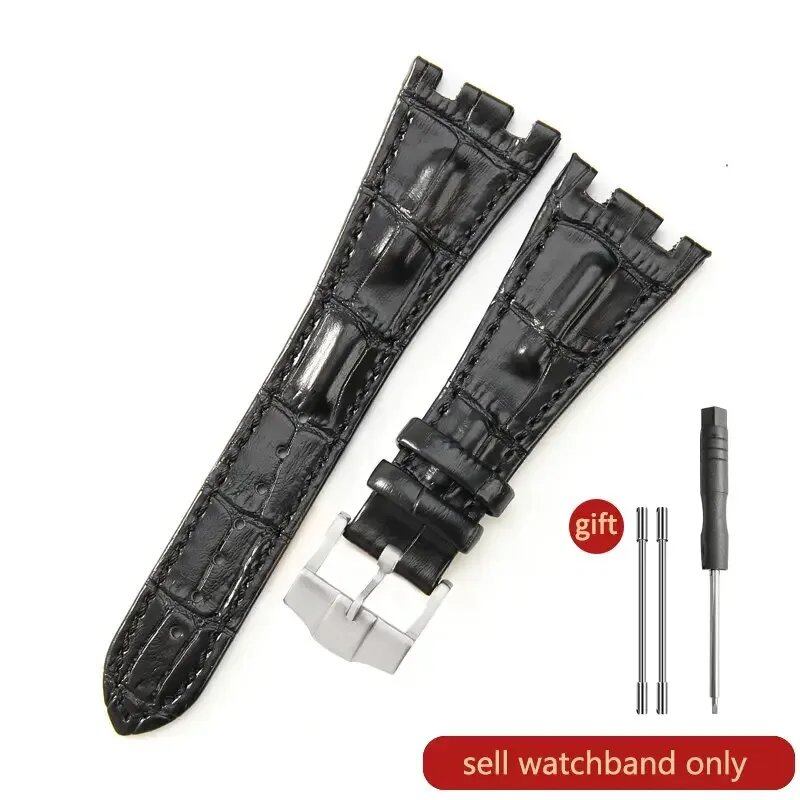 Sweat-resistant cowhide leather watch strap with folding buckle for AP Royal Oak Offshore models 15710, 15703, 15706, 26470, 26170, 26133, 26471, and 26474. Band Color: Brown; Band Width: 28mm. Imported.