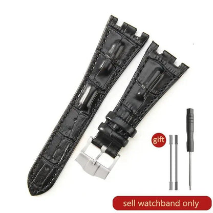 Sweat-resistant cowhide leather watch strap with folding buckle for AP Royal Oak Offshore models 15710, 15703, 15706, 26470, 26170, 26133, 26471, and 26474. Band Color: Brown; Band Width: 28mm. Imported.