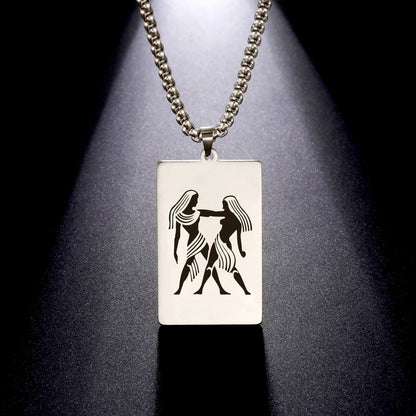 Men's 12 Zodiac Signs Pendant Necklace with Box Chain, Ancient Greek Style, Stainless Steel, Fade-Resistant, Zodiac Astrology Gift, 60cm Long; Metal Color: Parallel Import