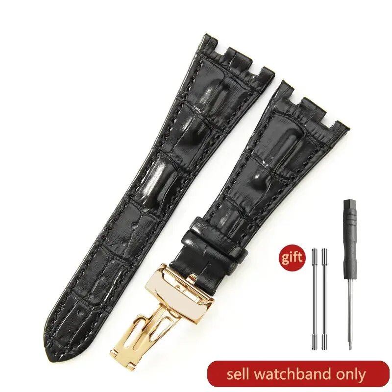Sweat-resistant cowhide leather watch strap with folding buckle for AP Royal Oak Offshore models 15710, 15703, 15706, 26470, 26170, 26133, 26471, and 26474. Band Color: Brown; Band Width: 28mm. Imported.