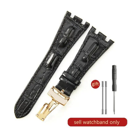 Sweat-resistant cowhide leather watch strap with folding buckle for AP Royal Oak Offshore models 15710, 15703, 15706, 26470, 26170, 26133, 26471, and 26474. Band Color: Brown; Band Width: 28mm. Imported.
