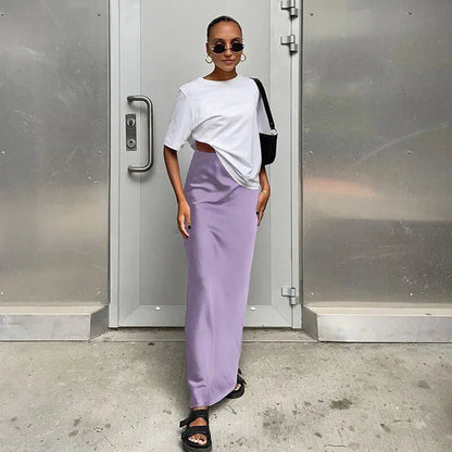 Elegant black satin trumpet skirt for women. Slim, high-waisted, long skirt for spring and summer. Solid color. Size: Parallel import.