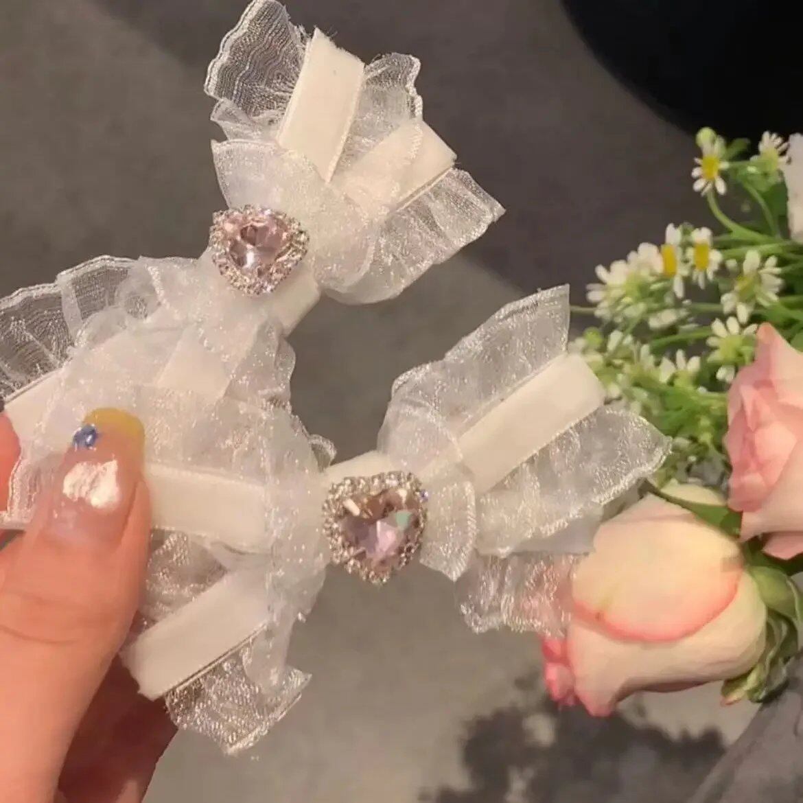 1/2 Piece Korean Ribbon Bow Hair Clip, Vintage Pink Zircon Heart Bow Knot Hairpin, Cute Headpiece for Girls, Cosplay Hair Accessories, Parallel Import