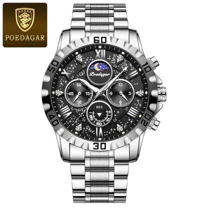 POEDAGAR Luxury Men's Military Sport Quartz Watch with Luminous Chronograph, Stainless Steel, Color: 973, Imported