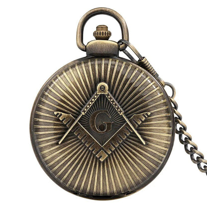 Steampunk Bronze/Gold Masonic Symbol Quartz Pocket Watch with Fob Chain Pendant, Luxury Antique Pocket Watch, Gift, Color: Parallel Import