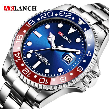 40mm Classic Red and Blue Circle Diving Series Business Stainless Steel Watch with Magnifying Glass Calendar, Quartz Movement, Men's, Color: 305, Parallel Import