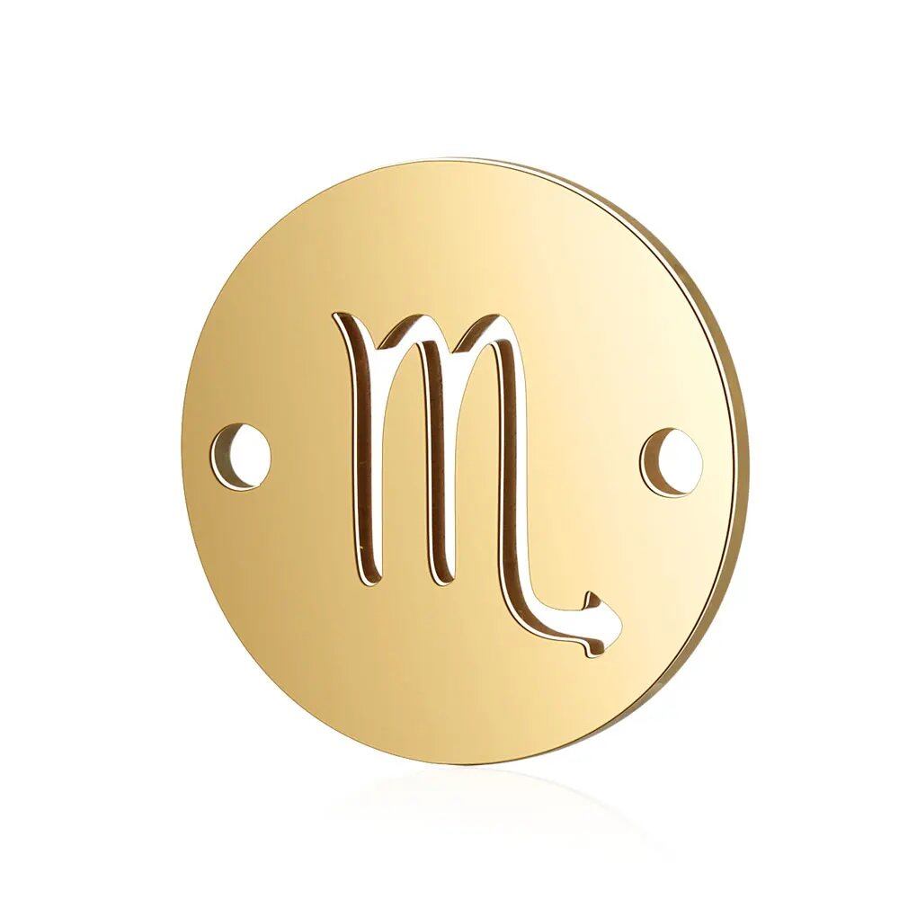 Set of 10 12mm Gold-Colored Round Zodiac Charms, 12 Zodiac Signs, 2-Hole DIY Bracelet Chain Connectors, Metal Color, Parallel Import