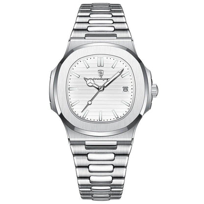 POEDAGAR Stainless Steel Men's Watch, Waterproof, Business Style, with Calendar, Quartz Movement, Luxury Laminated Square Design, Parallel Import