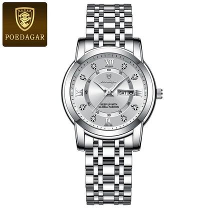 POEDAGAR Luxury Women's Watch, Waterproof, Luminous, Date and Day Display, Stainless Steel, Elegant Dress Quartz Movement, Color: 769 S, Parallel Import