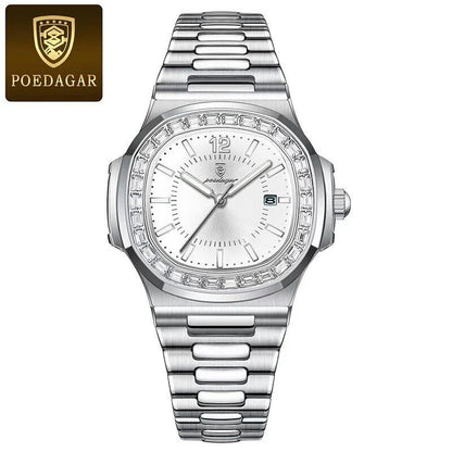 POEDAGAR Stainless Steel Men's Watch, Waterproof, Business Style, with Calendar, Quartz Movement, Luxury Laminated Square Design, Parallel Import