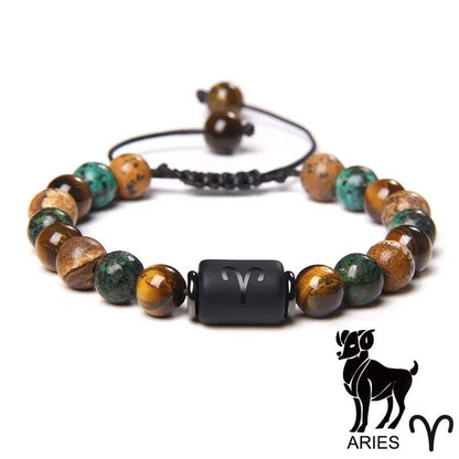 12 Zodiac Signs Bracelet, Natural Turquoise and Tiger Eye Stones, Braided Bracelet, Jewelry for Women and Men, Couples Gift, Adjustable Length; Metal Color: Parallel Import