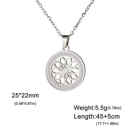 Skyrim Flower Seed of Life Necklace for Women, Stainless Steel with Clear Zircon Round Pendant, Sacred Geometry Spiritual Amulet Jewelry, Length: 45-50cm; Metal Color, Parallel Import