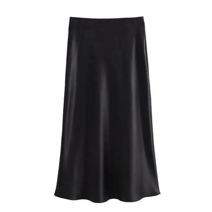TRAF Women's 2024 High-Waisted Satin Skirt, Long, Summer, Black, Midi Length, Office, Elegant, Size: Parallel Import