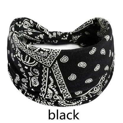New Boho Floral Print Wide Headband with Vintage Knot Elastic Turban Headwrap for Women and Girls, Cotton Soft Bandana Hair Accessory, Parallel Import