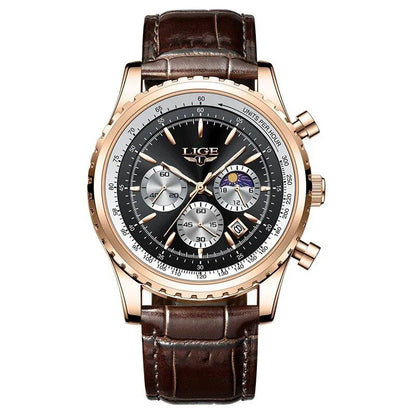 LIGE New Men's Watch, Luxury Leather Quartz Movement, Waterproof Sport Watch, Gift Box Included, Parallel Import