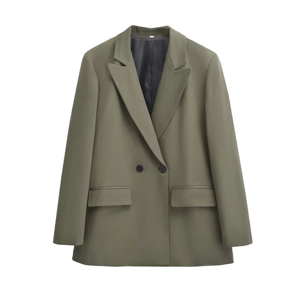TRZA Women's Double-Breasted Blazer Coat with Long Sleeves and Flap Pockets for Office Wear. Chic and Stylish Outerwear. Size: 100% Cotton. Color: As shown. Parallel Import.