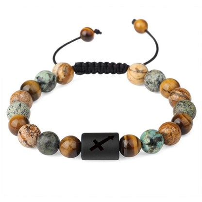 12 Zodiac Sign Beaded Bracelet, Natural Tiger Eye Stone, Zodiac Sign Bracelet for Men and Women, Charm Jewelry, Gift, Metal Color: Parallel Import