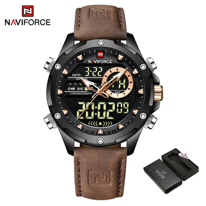 NAVIFORCE Men's Luxury Original Watch, Casual Sports Watch with Chronograph, Alarm, Quartz Movement, Leather Strap, Waterproof, Digital Watch, 9163, Color: Parallel Import