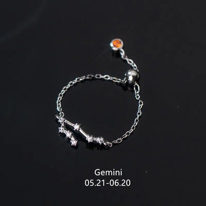 WANTME 925 Sterling Silver Unique 12 Constellations Chain Link Adjustable Ring for Women and Couples, Zodiac Jewelry, Astrological Gift, Parallel Import