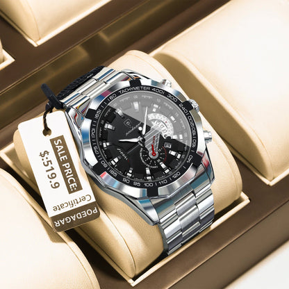POEDAGAR Business Military Style Waterproof Men's Watch with Luminous Movement and Calendar, Stainless Steel Quartz Movement, Color: 1801 Silver, Parallel Import