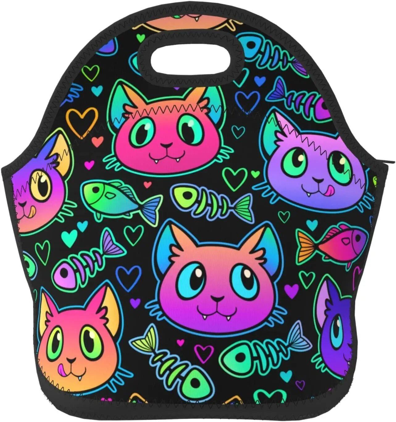 猫と魚のランチバッグ ネオプレーン ピクニックバッグ 携帯用 繰り返し使えるトートバッグ 保冷ランチボックス 男女兼用 オフィス ピクニック用 カラー：1 並行輸入品猫と魚のランチバッグ ネオプレーン ピクニックバッグ 携帯用 繰り返し使えるトートバッグ 保冷ランチボックス 男女兼用 オフィス ピクニック用 カラー：1 並行輸入品