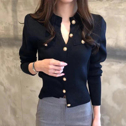 Autumn Women's Long Sleeve Knit Cardigan, Short Length, Casual, Single-Breasted, Korean Style, Slim Fit, Stylish Top, Size: One Size Fits Most; Parallel Import