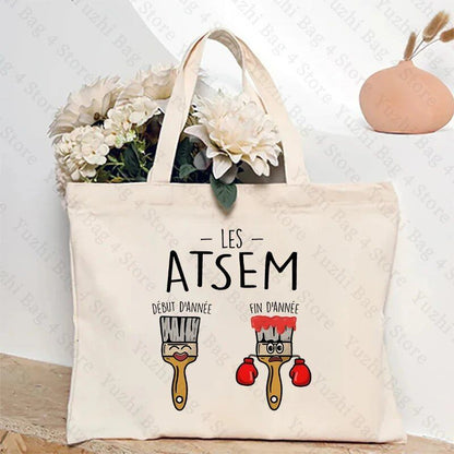 ATSEM フランス語 プレゼント トートバッグ - 教育アシスタント・保育プロフェッショナル向け コンパクトショッピングバッグ 女性用ショルダーバッグ カラー 並行輸入品