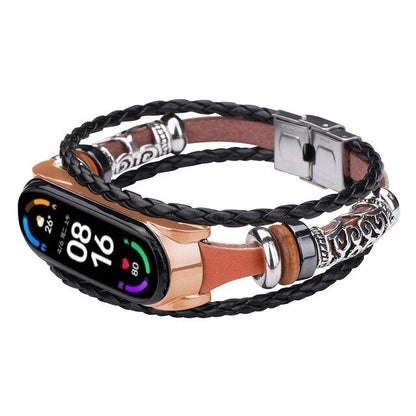 Leather Watch Band for Xiaomi Mi Band 6, 5, 4, 3, Ethnic Retro Style Smart Band, Fashion Accessory, Band Color: Parallel Import