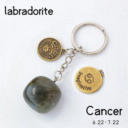 1 Natural Gemstone Zodiac Keychain with Clear Quartz and Amethyst Rolling Stones, DIY Car Key Ring Chain, Size: 1.5cm (Parallel Import)