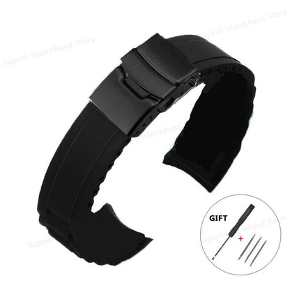 20/22mm Soft Rubber Bent End Silicone Watch Band with Folding Buckle, Waterproof, Men's Wrist Strap, Black Band, Parallel Import