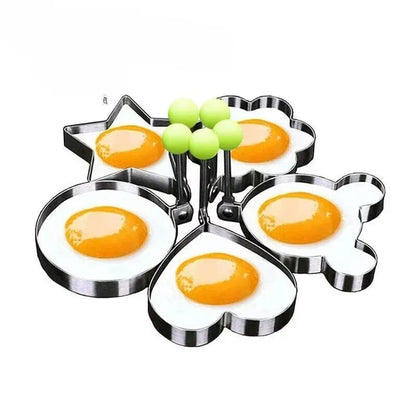 5-Piece Set of Stainless Steel Kitchen Cooking Rings in Round, Heart, Flower, Pentagram, Mouse, and Egg Shapes. Color: 5-Piece Set. Imported.