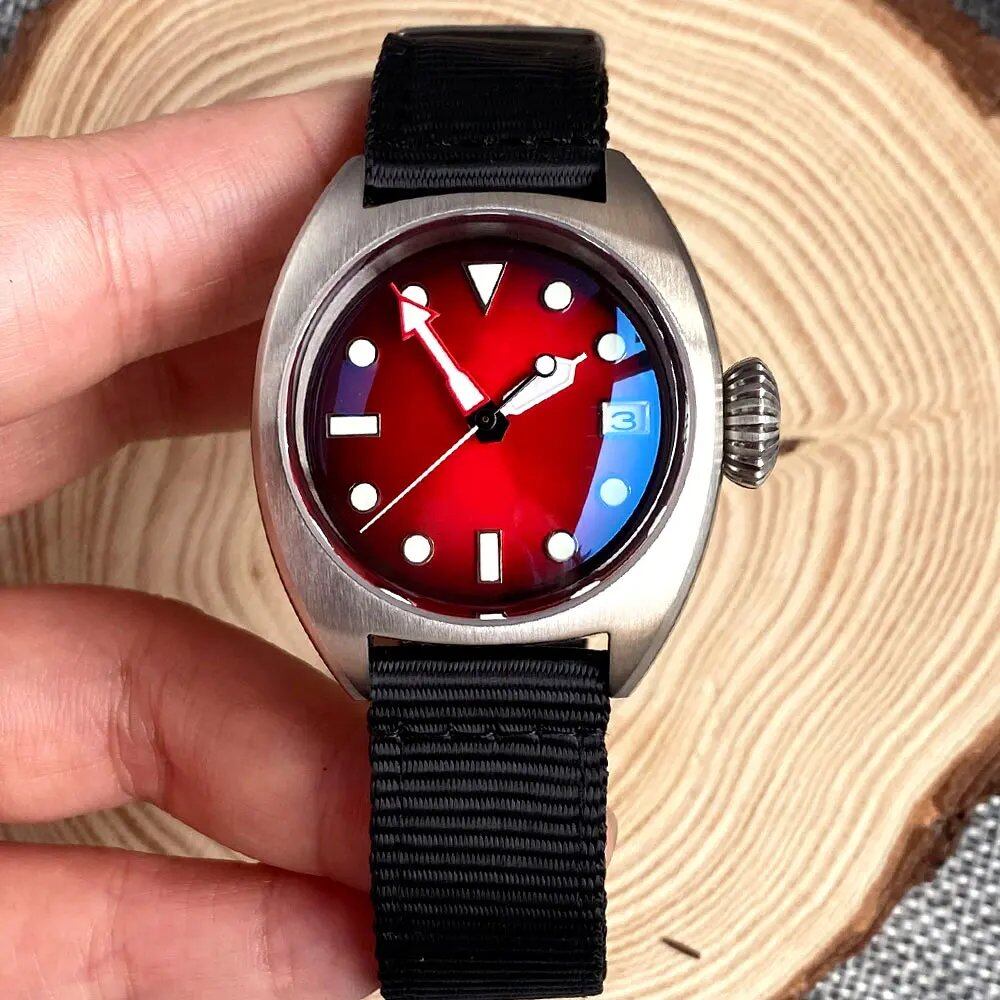 36mm Military Diver Mechanical Watch for Men, NH35, AR Dome Sapphire, Sunburst, Green/Red/Blue, Big Crown, Sport Nylon (No Logo), Parallel Import
