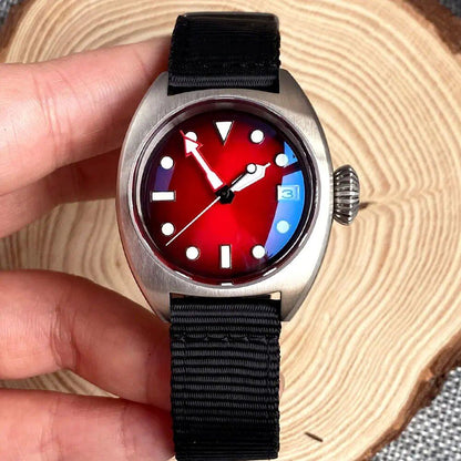 36mm Military Diver Mechanical Watch for Men, NH35, AR Dome Sapphire, Sunburst, Green/Red/Blue, Big Crown, Sport Nylon (No Logo), Parallel Import