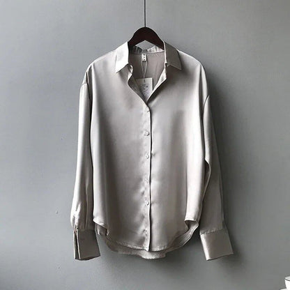 Elegant Satin Loose Dress Shirt with Turndown Collar for Spring and Fall, Vintage Casual Button-Down Silk Top, Size: Parallel Import