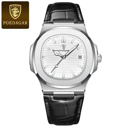 POEDAGAR Casual Square Men's Watch, Waterproof, Date Display, Luminous Leather Quartz Movement, High-Quality Luxury Fashion Watch, Color: Parallel Import