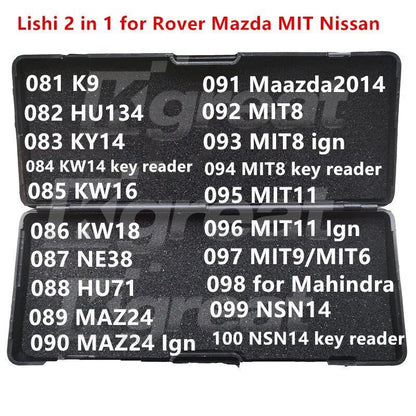 081-100 Lishi 2-in-1 Two-in-One for K9, HU134, KY14, KW14, KW16, KW18, NE38, HU71, MAZ24, MIT8, MIT11, MIT9, and MIT6, Compatible with Mahindra, Land Rover, Mazda, and Nissan, Parallel Import