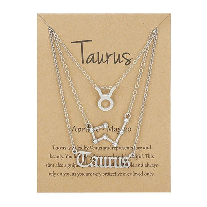 Set of 3 Women's 12 Zodiac Sign Necklaces with Pendant Chains, Chokers, Birthday Jewelry, Cardboard Cards, 45cm Long; Metal Color: 6252, Parallel Import