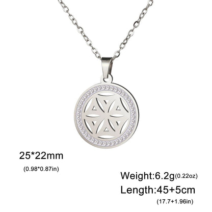 Skyrim Flower Seed of Life Necklace for Women, Stainless Steel with Clear Zircon Round Pendant, Sacred Geometry Spiritual Amulet Jewelry, Length: 45-50cm; Metal Color, Parallel Import