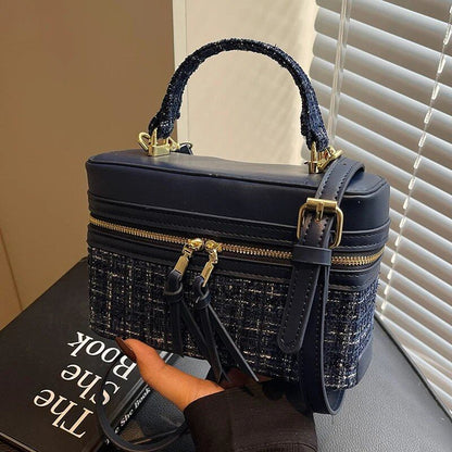 レディース レトロツイードハンドルバッグ コントラストチェックプリント ボックスショルダーバッグ 大容量 女性用 日常通勤 メッセンジャーバッグ クロスボディ サイズ：ミニ（最大長さ20cm未満）;色： 並行輸入品