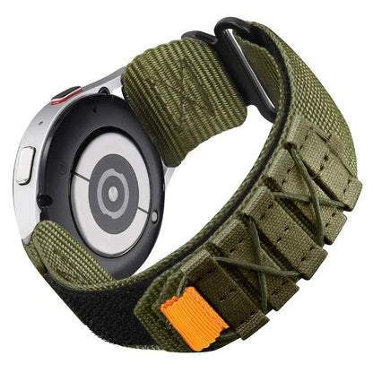 Compatible with Samsung Galaxy Watch 7, 6, 5, 4 (40mm), 5 Pro, 6 Classic (47mm), and HUAWEI WATCH 4, GT3, and 4 Pro. Nylon sports strap (22mm and 20mm). Sizes: mm. Parallel import.