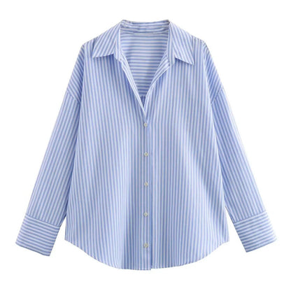 TRAF Women's Spring Cotton Oxford Long Sleeve Single-Breasted Lapel Blouse, Streetwear Shirt, Stylish Top, Size: Imported