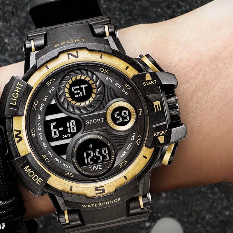 YIKAZE 50mm Big Dial Sports Watch with Military Countdown and Stopwatch, LED Digital Watch, Waterproof, Men's Electronic Watch, Color: Parallel Import