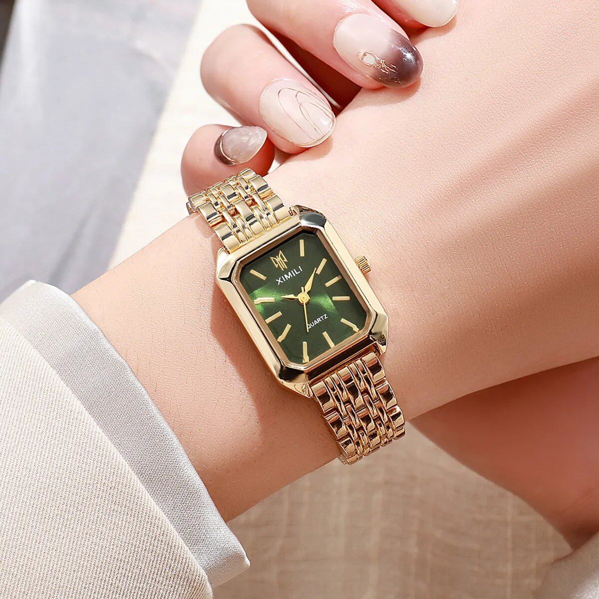 Women's Business Quartz Watch with Simple Square Dial, Luxury Stainless Steel, Gold-Plated, Folding Design, Parallel Import