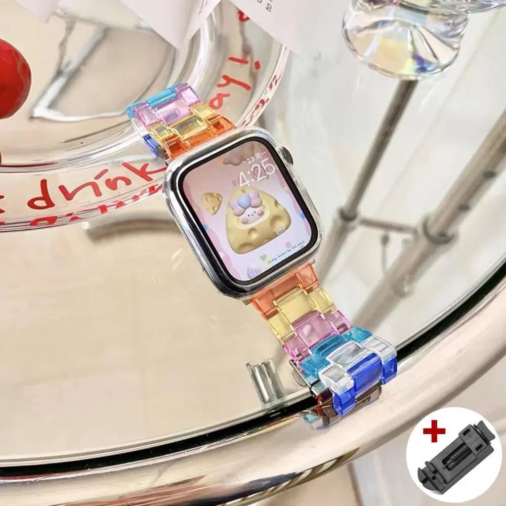 Rainbow Resin Transparent Band for Apple Watch Ultra 2 (49mm, 10, 46mm, 7, 8, 9, 41, 45mm, 38, 40, 42, 44mm) - iWatch SE, 6, 5 Strap. Band Color: ; Ships from: Parallel Import