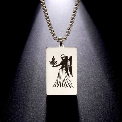 Men's 12 Zodiac Signs Pendant Necklace with Box Chain, Ancient Greek Style, Stainless Steel, Fade-Resistant, Zodiac Astrology Gift, 60cm Long; Metal Color: Parallel Import