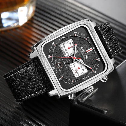 Men's Megar Square Dial Chronograph Quartz Watch with Fashion Blue Leather Strap, Casual Sports Watch with Date Display and 24-Hour Display, Model 2182 (Imported)