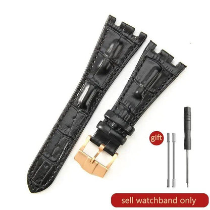 Sweat-resistant cowhide leather watch strap with folding buckle for AP Royal Oak Offshore models 15710, 15703, 15706, 26470, 26170, 26133, 26471, and 26474. Band Color: Brown; Band Width: 28mm. Imported.