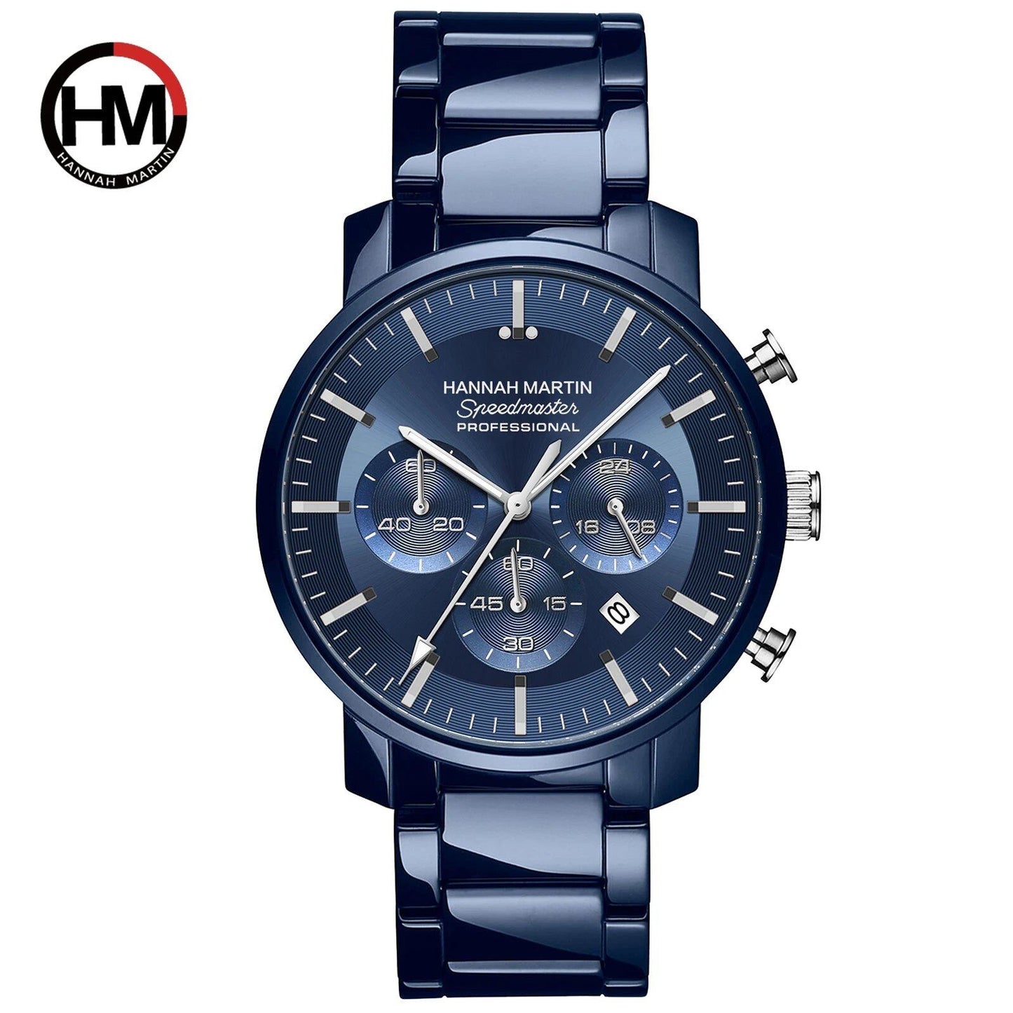 New Hannah Martin Multi-Function Watch, 46mm Blue &amp; Silver Stainless Steel, Casual Quartz Watch, Free Shipping, Color: 113, Parallel Import