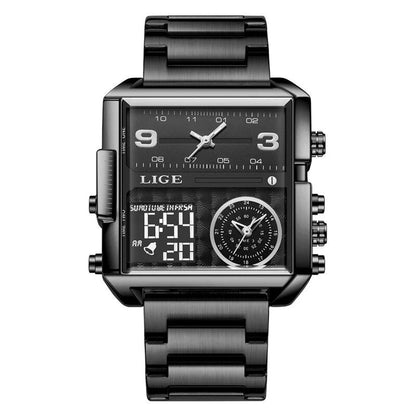 LIGE New Gold Quartz Men's Watch, Luxury Brand Sport Military Watch, Fashion Square Design, Waterproof, Dual Display, Color: Parallel Import